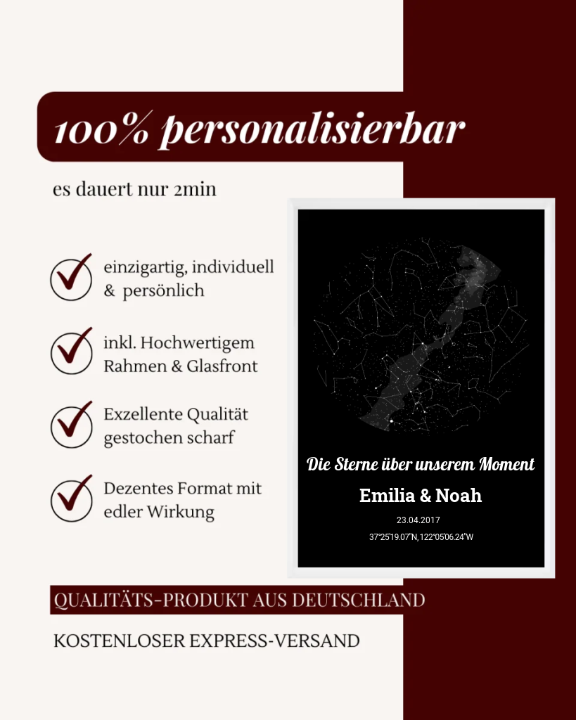 Einzigartige Sternenkarte inklusive Rahmen
