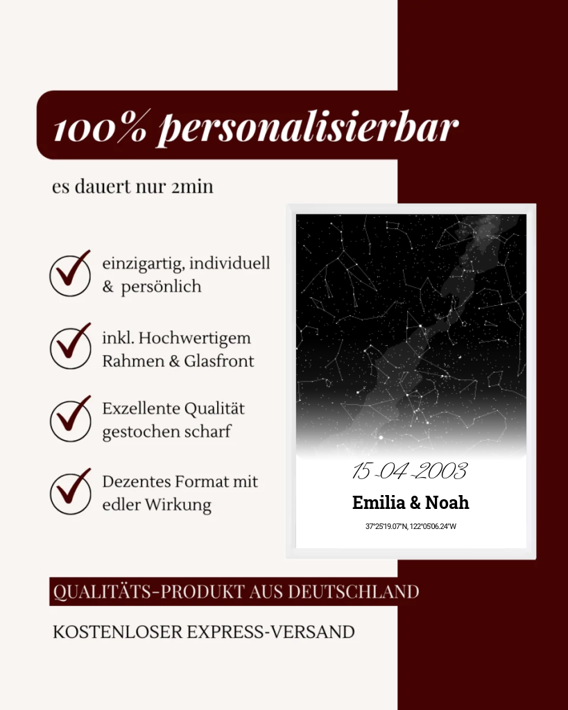 Einzigartige Sternenkarte inklusive Rahmen